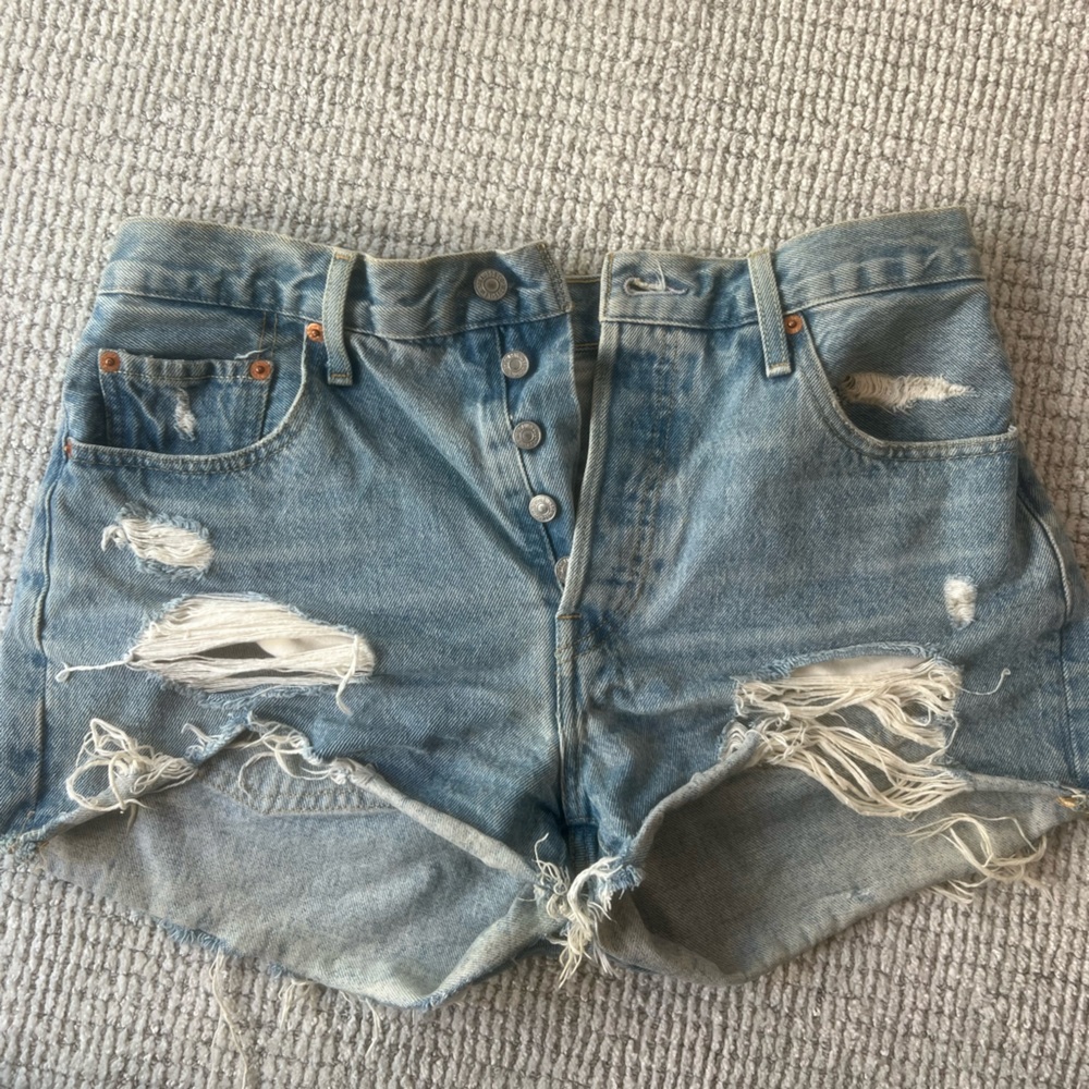 Levi’s 501 distressed high rise denim shorts